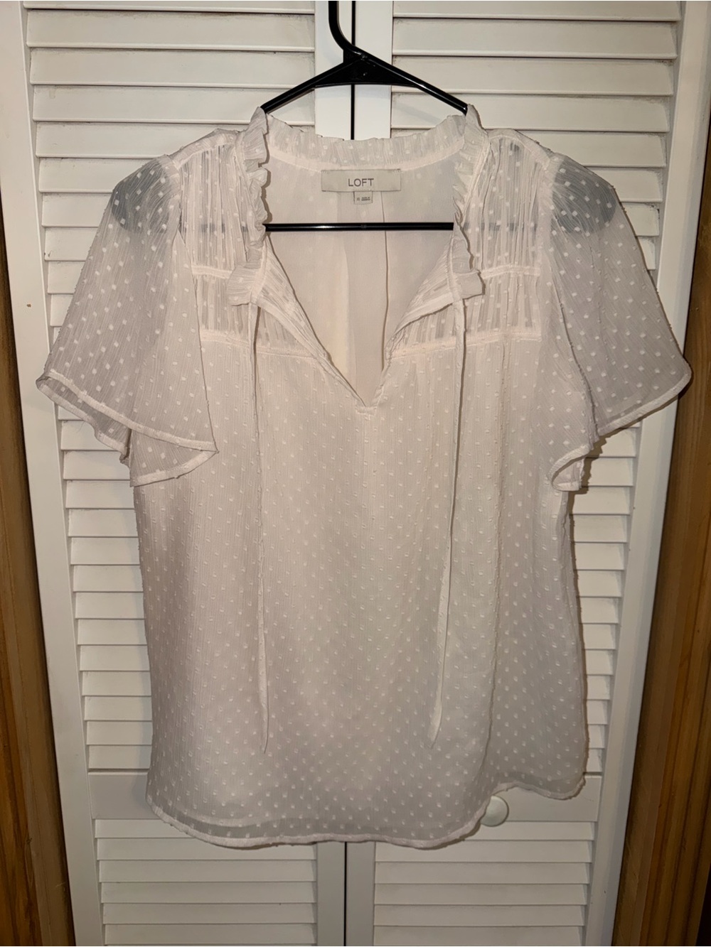 LOFT Ivory Swiss Dot Ruffle Tie-Neck Blouse